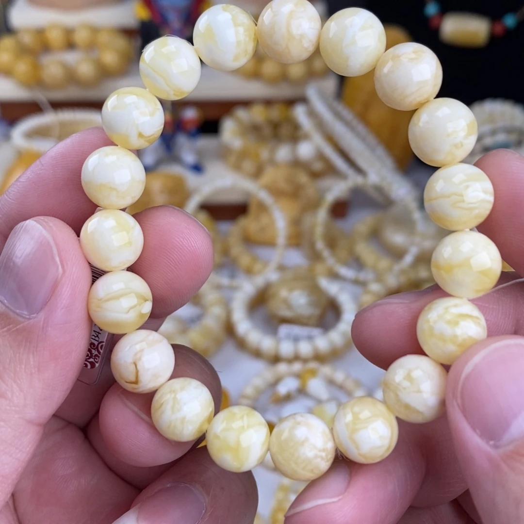 蜜蜡未镶嵌手链瓷白白底虎皮纹10.8mm圆珠