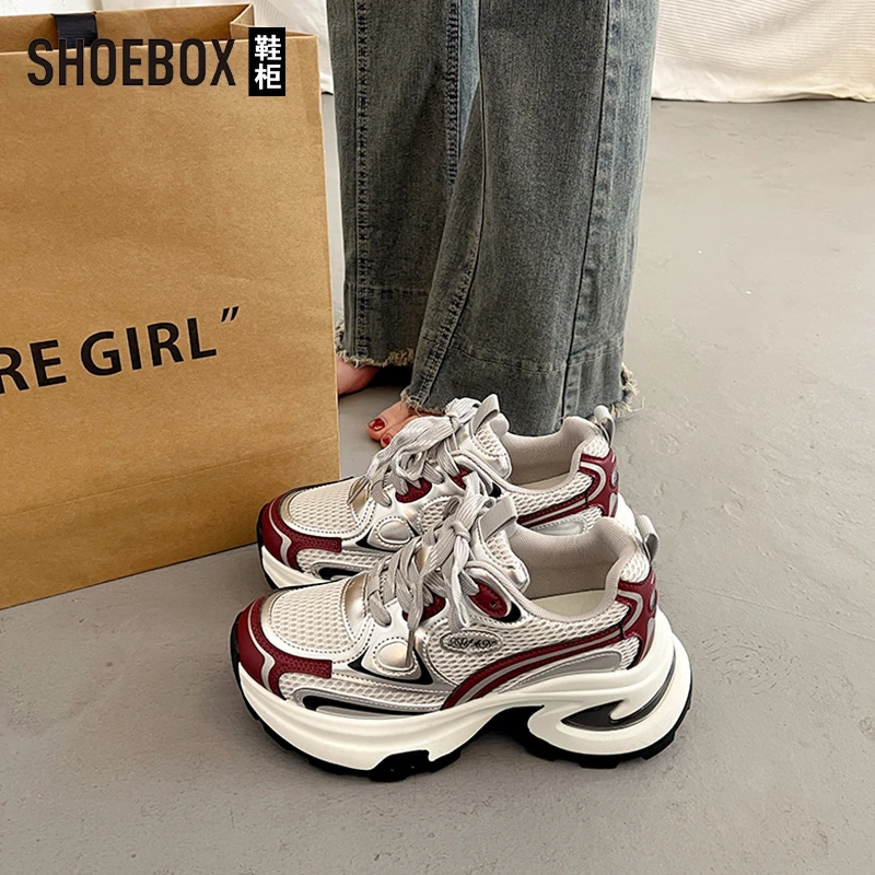SHOEBOX鞋柜韩版厚底松糕老爹鞋女2025新款做旧擦色增高运动鞋