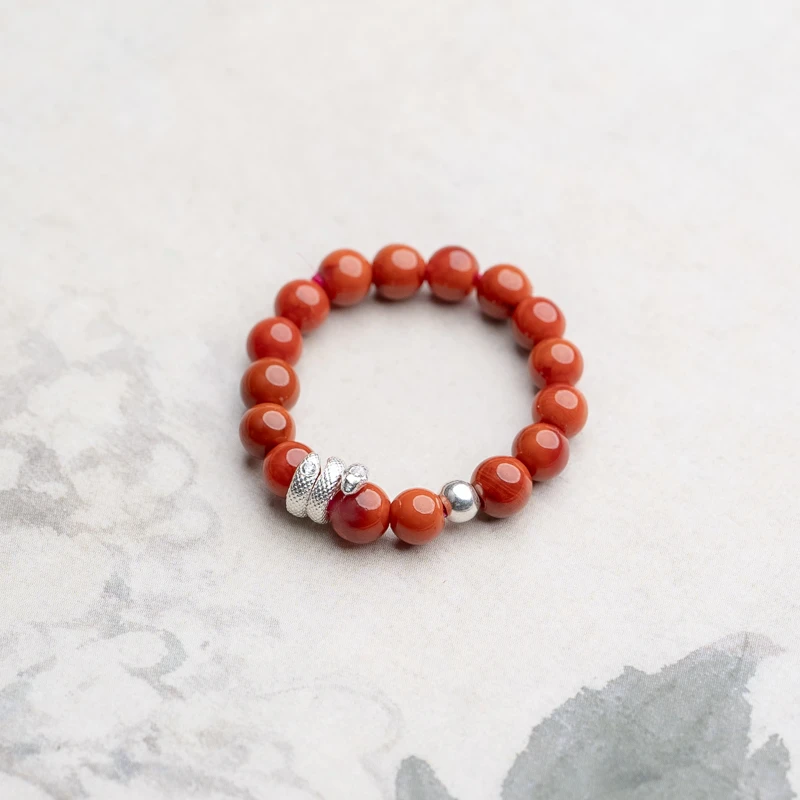 木欣欣（银蛇贺岁）南红火焰纹3mm+银蛇戒指天然玉石安哥拉红创意