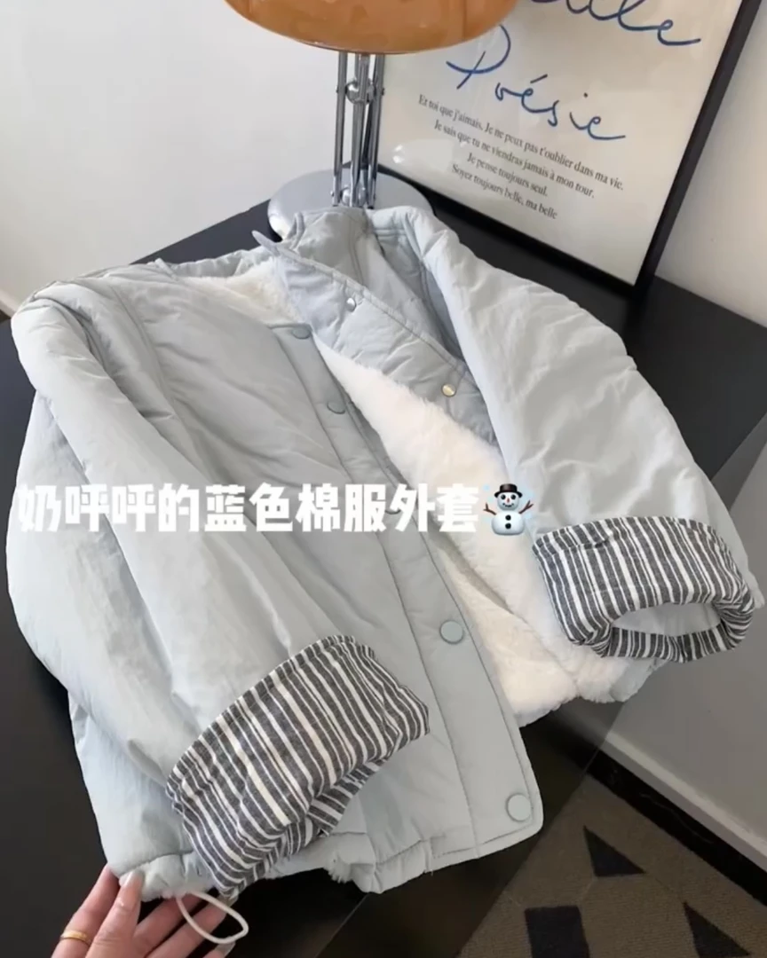 2025冬季新款韩版宽松蓝色百搭圆领棉服外套韩系穿搭加厚保暖棉衣