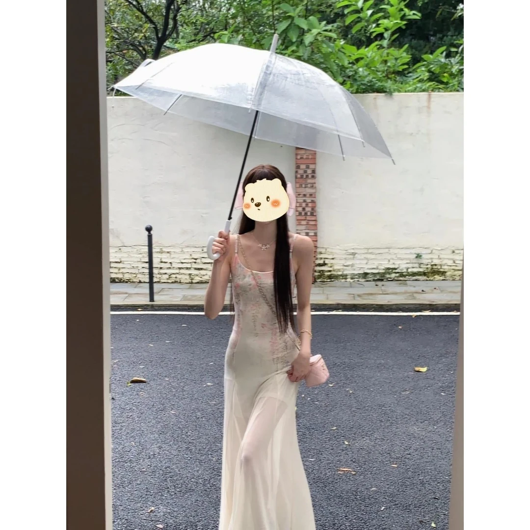 法式绝美碎花网纱吊带连衣裙女夏季海边度假巨好看收腰鱼尾长裙子