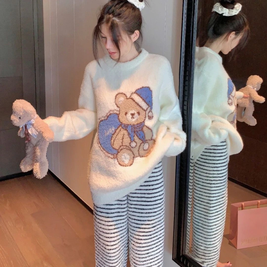 女款秋冬加厚睡衣少女加厚加绒睡衣韩版带帽爱心小熊半边绒睡衣女