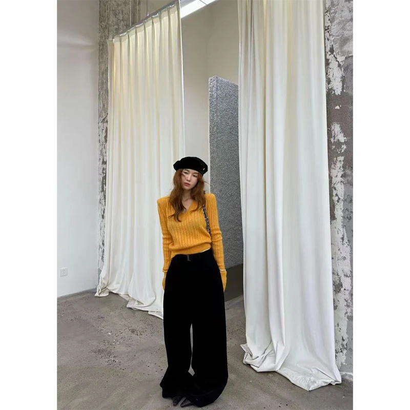 2025秋冬通勤风时尚洋气休闲长袖百搭上衣高腰修身黑色阔腿裤套装