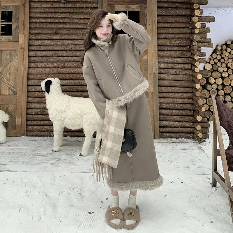灰咖色皮毛一体麂皮绒套装女2025冬季巨好看夹棉外套半身裙两件套