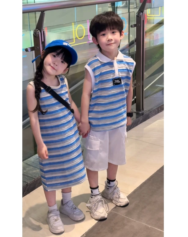 男女童2025夏季条纹无袖韩版中长款T恤背心裙条纹短袖工装短裤潮