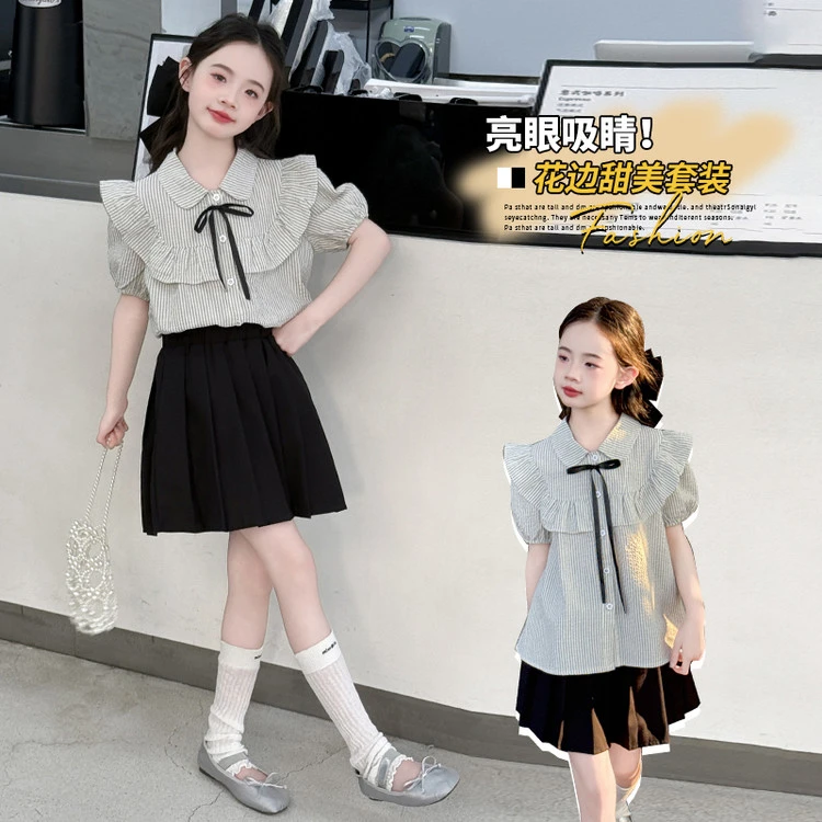 女童夏装短袖学院风JK套装2025新款中大童夏季儿童裙子两件套跨境