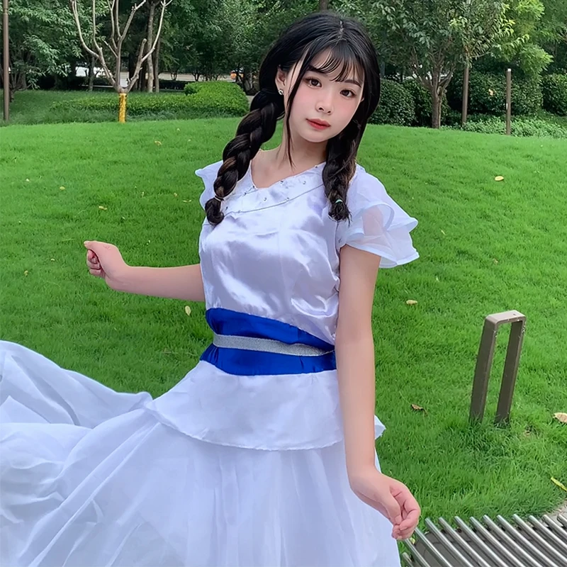 少女露肩服装裙子学生连衣裙时尚日系汉服宽松腰夏季无袖不褪色