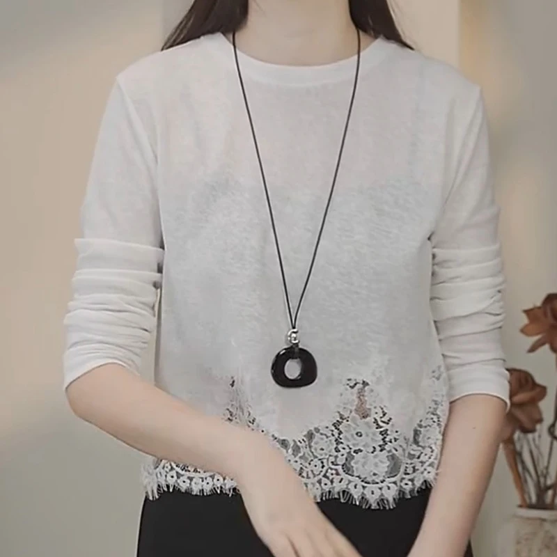 极简风圆领蕾丝针织长袖T恤百搭打底衫LK2506617