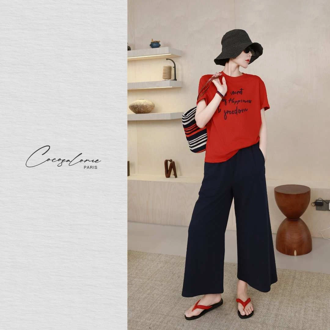 韩彬彬"灰与红"夏季穿搭手工米粒绣链宽松时髦百搭短袖T恤129K-9