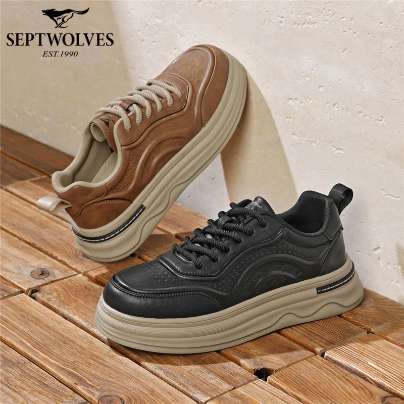 七匹狼男鞋秋冬季复古港风时尚百搭皮鞋男士黑色厚底增高休闲板鞋