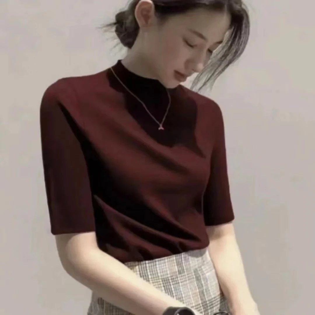 小个子改版定制春秋冬纯色百搭气质小立领五分袖长袖打底上衣521