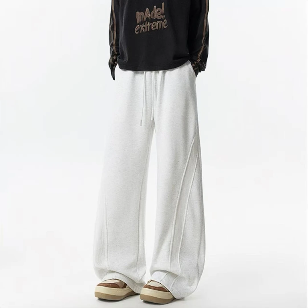 休闲裤男款春秋季阔腿结构拼接花灰色长裤子美式直筒宽松运动卫裤