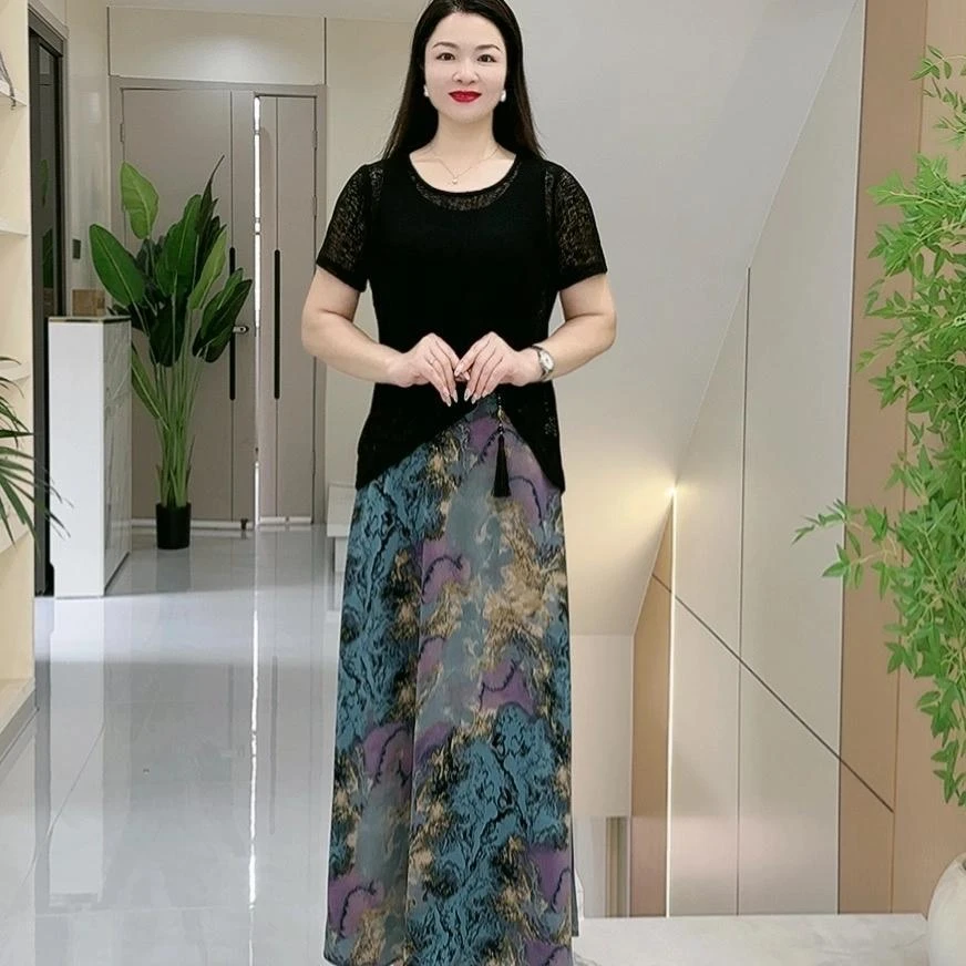 夏季新款时尚洋气圆领连衣裙设计感两件套气质拼接新中式中长裙子