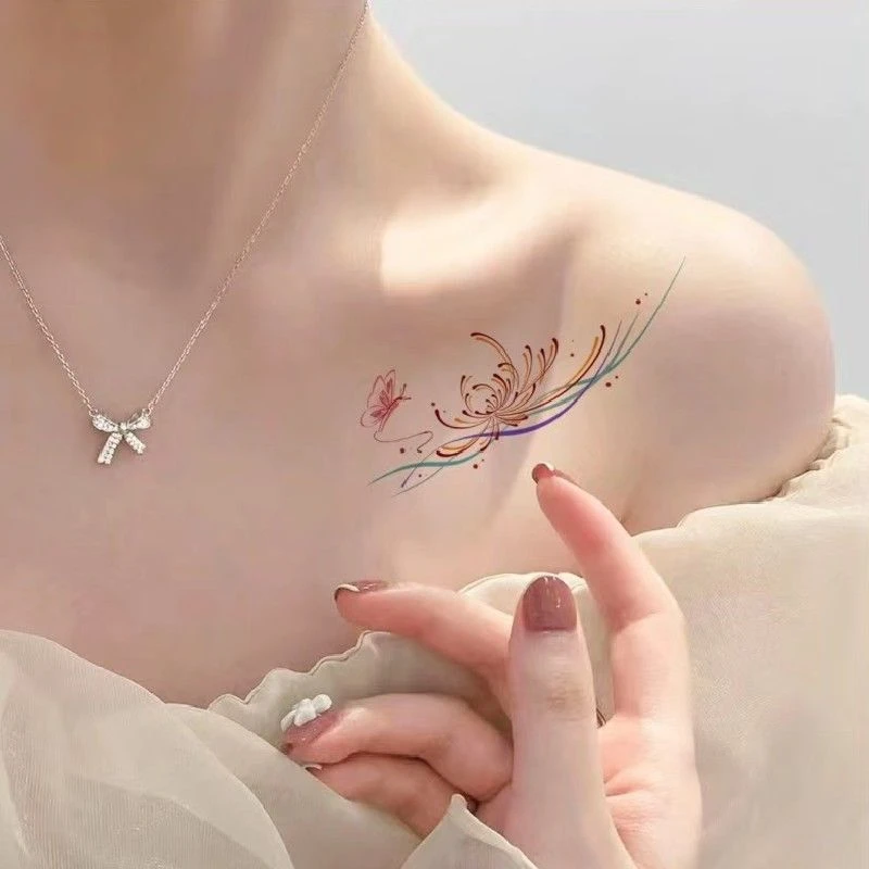 彼岸花纹身贴防水女持久花锁骨胸前小图案文身贴纸女生防水清新