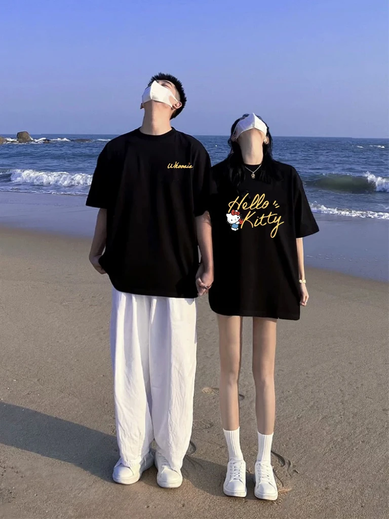 夏季百搭宽松圆领黑色Hello韩版情侣装2025爆款小众纯棉印花T恤女