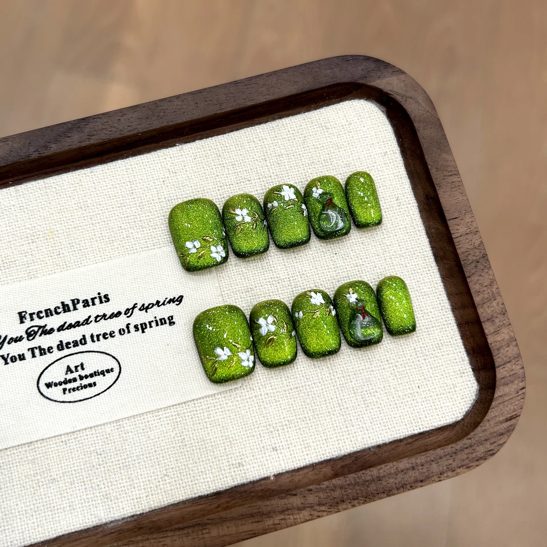 【碧花玉瓶】蓝珊手工穿戴甲浓郁绿绵密猫眼手绘栀子花瓶清新雅致