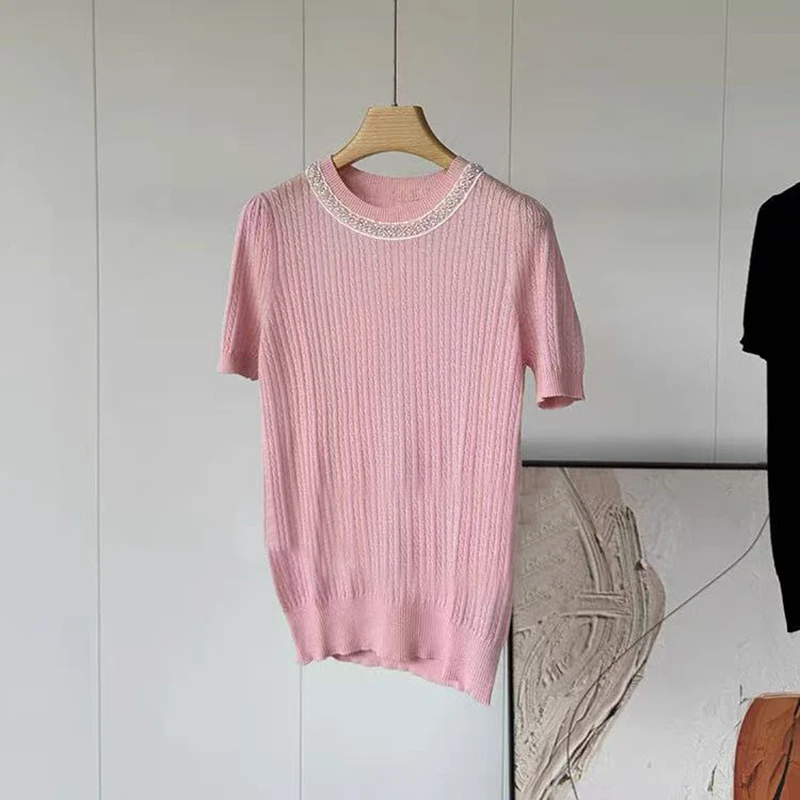 简曼优雅气质珍珠钉珠圆领绞花短袖针织衫T恤女2025春夏SS2521