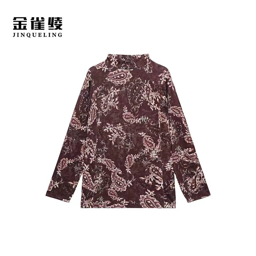 金雀绫【摩卡腰果】复古设计款半高领印花加宽加大衬衫SZA3SY750