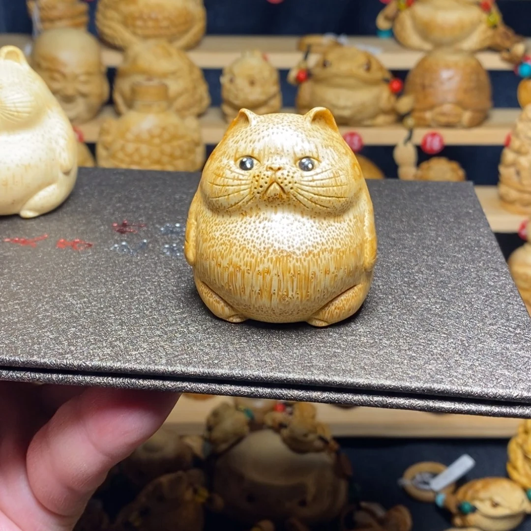 b***i竹竹根雕可爱猫咪手把件