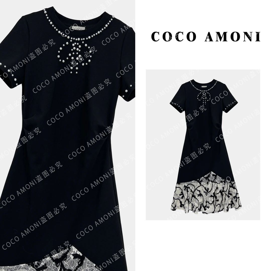 时尚高级感设计夏日女款拼接重工钉珠蝴蝶结显瘦气质连衣裙ZC214