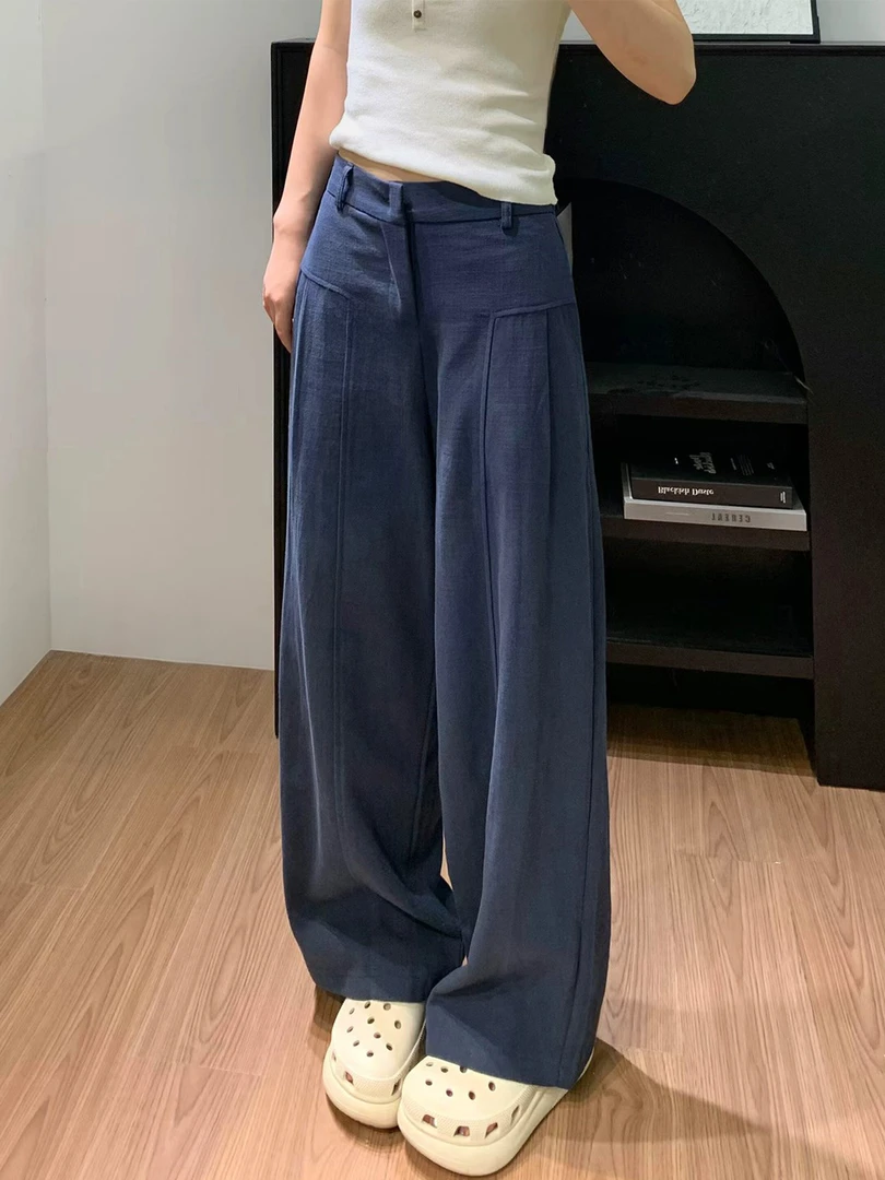 藏青色亚麻阔腿裤女秋季新款胖妹妹mm梨型身材高腰显瘦垂感休闲裤