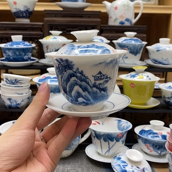 手绘山水盖碗160釉下彩高温瓷微瑕福利款