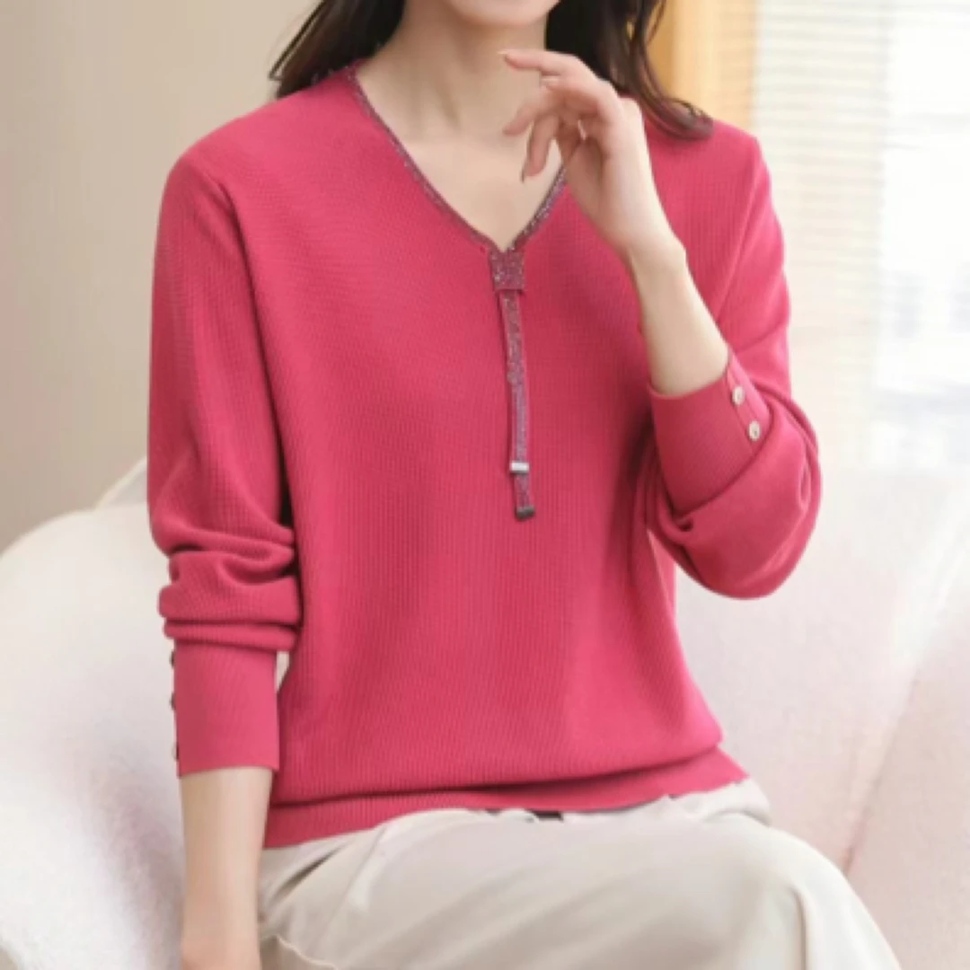 “靓丽阁”春季新款时尚纯色套头V领长袖宽松显瘦洋气减龄针织衫