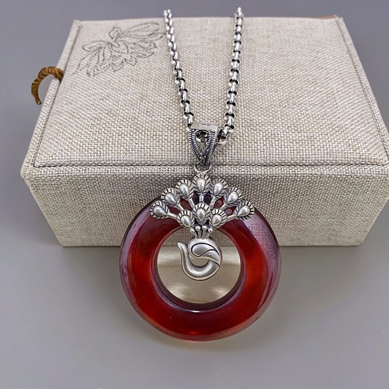 坠链均925银 《七牌银楼》纯银孔雀平安扣红色手工复古女王坠链