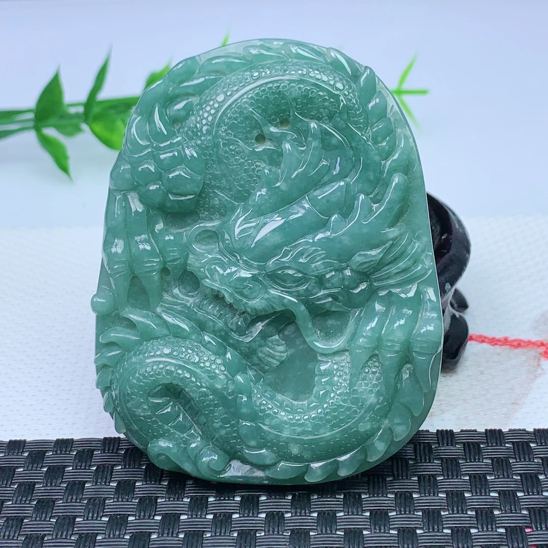 天然A货翡翠 蓝水龙牌吊坠 尺寸；73*58*8mm