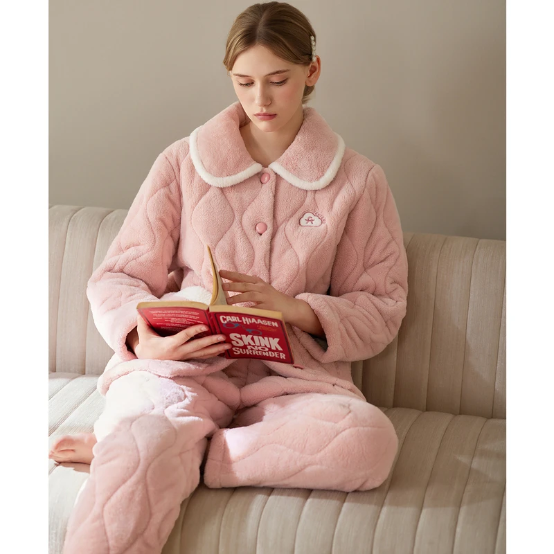 芬腾睡衣女冬季三层加厚夹棉珊瑚绒套装加绒加厚抗静电女款家居服