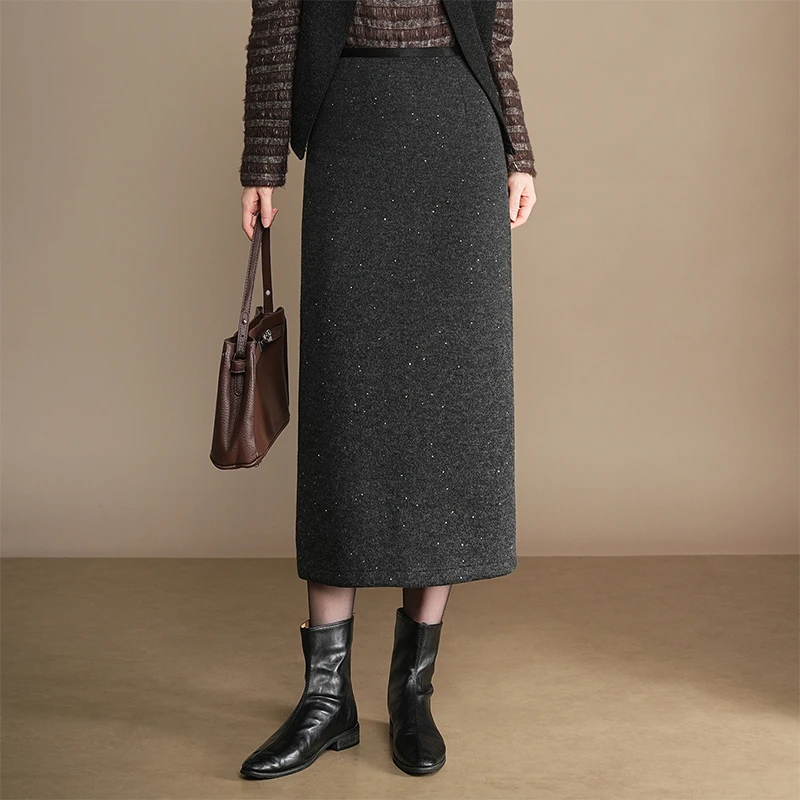 亮片羊毛呢直筒半身裙女秋冬季新款气质修身包臀裙中长开叉一步裙
