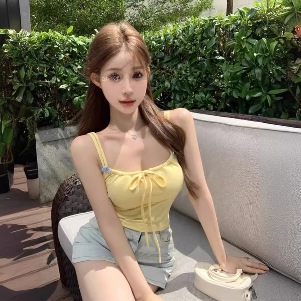 纯欲短袖辣妹修身系带短款吊带背心女夏季带胸垫显瘦内搭上衣