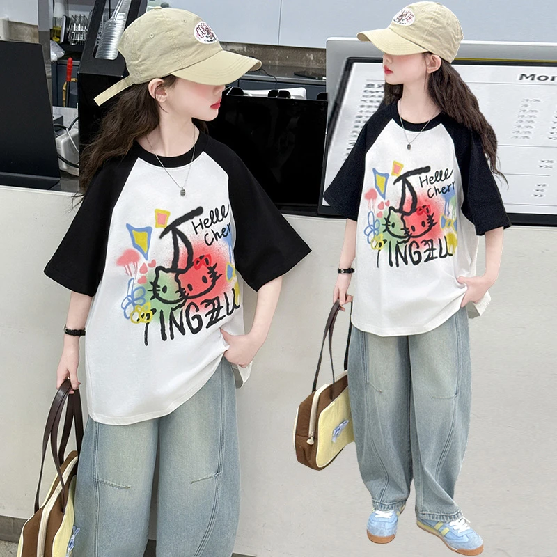 女童夏季短袖T恤2024新款中大童装时髦洋气t儿童夏装阔腿裤两件套