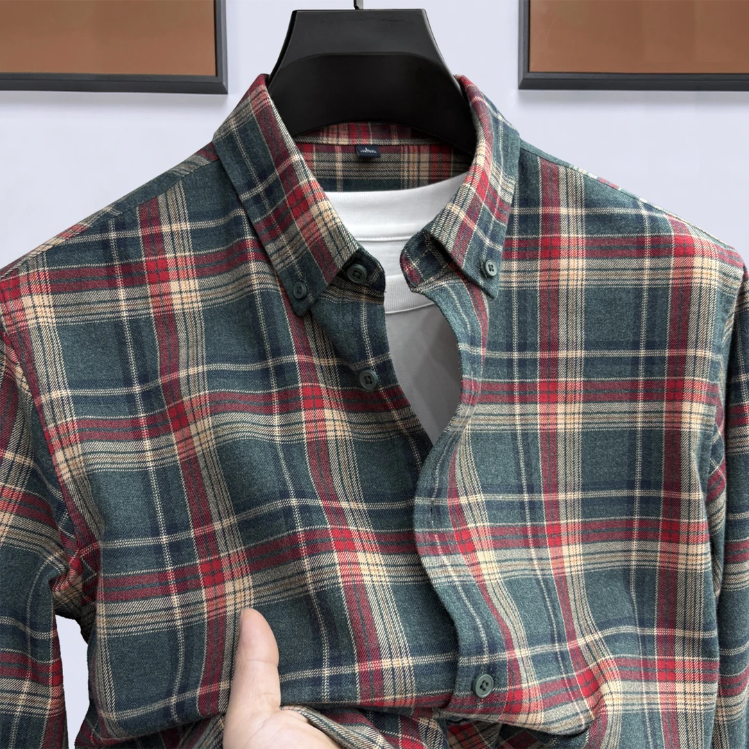 Zero Degree North纯棉磨毛格子长袖衬衫男士春秋复古英伦风衬衣