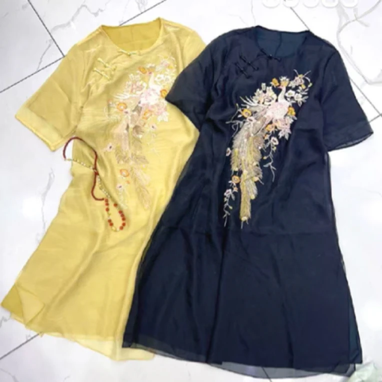 深圳89583新中式花开凤舞重工刺绣改良旗袍裙连衣裙裙子