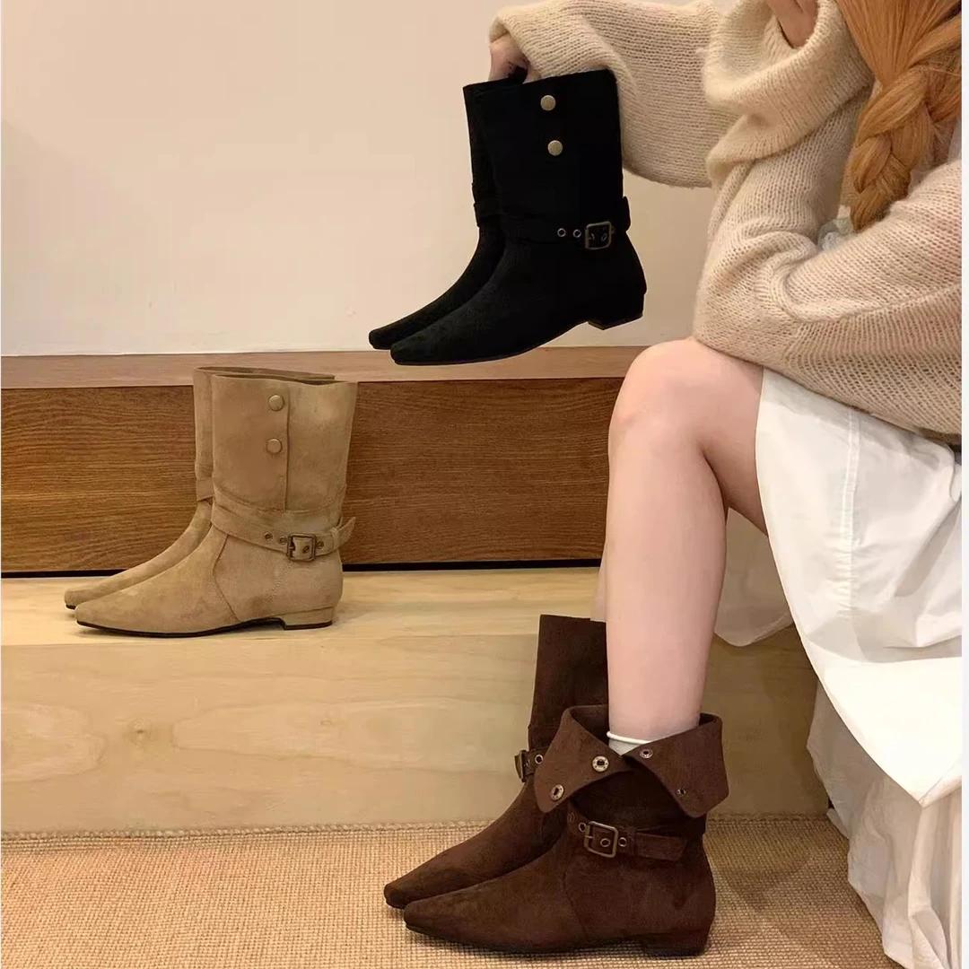 【万达撤柜】香港粗跟绒面中筒靴女2025秋季辣妹风西部牛仔靴配裙