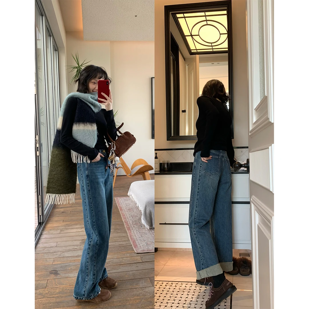 王牌~冬季白牛报道双侧缝假腿神裤抓绒显瘦牛仔裤喇叭裤411KZ7