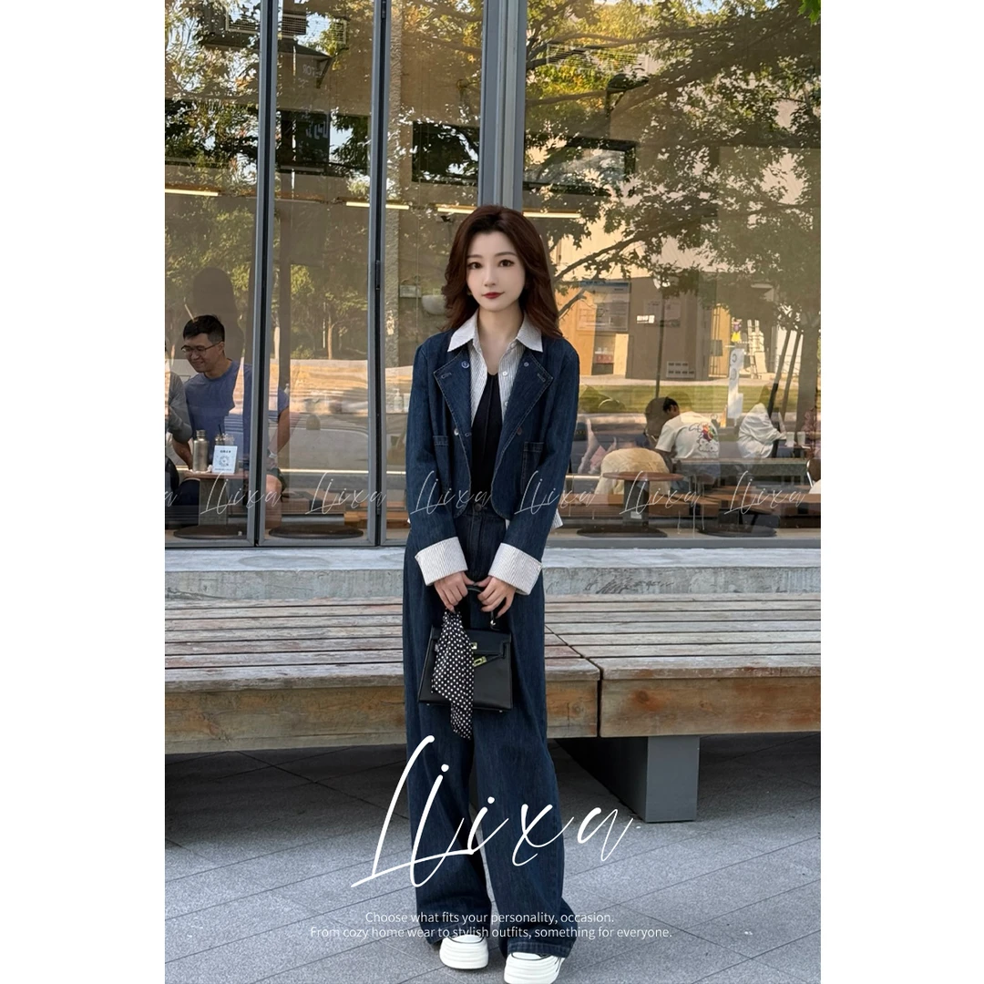 Liixu通勤休闲风时尚套装复古牛仔假两件小众气质套装Y53TZG1069
