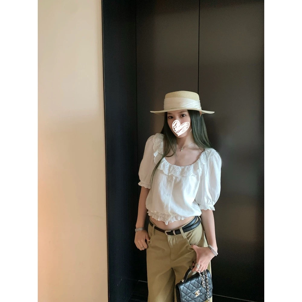 白色提花小衫女夏法式气质修身花边亚麻衬衫