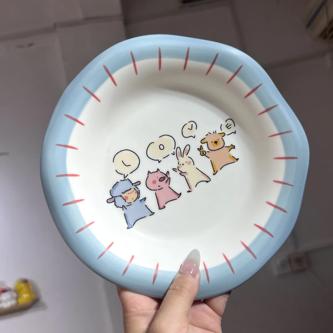 【嘟嘟好】出口高货 蓝色小羊 8英寸深盘 陶瓷汤盘 手绘创意陶瓷