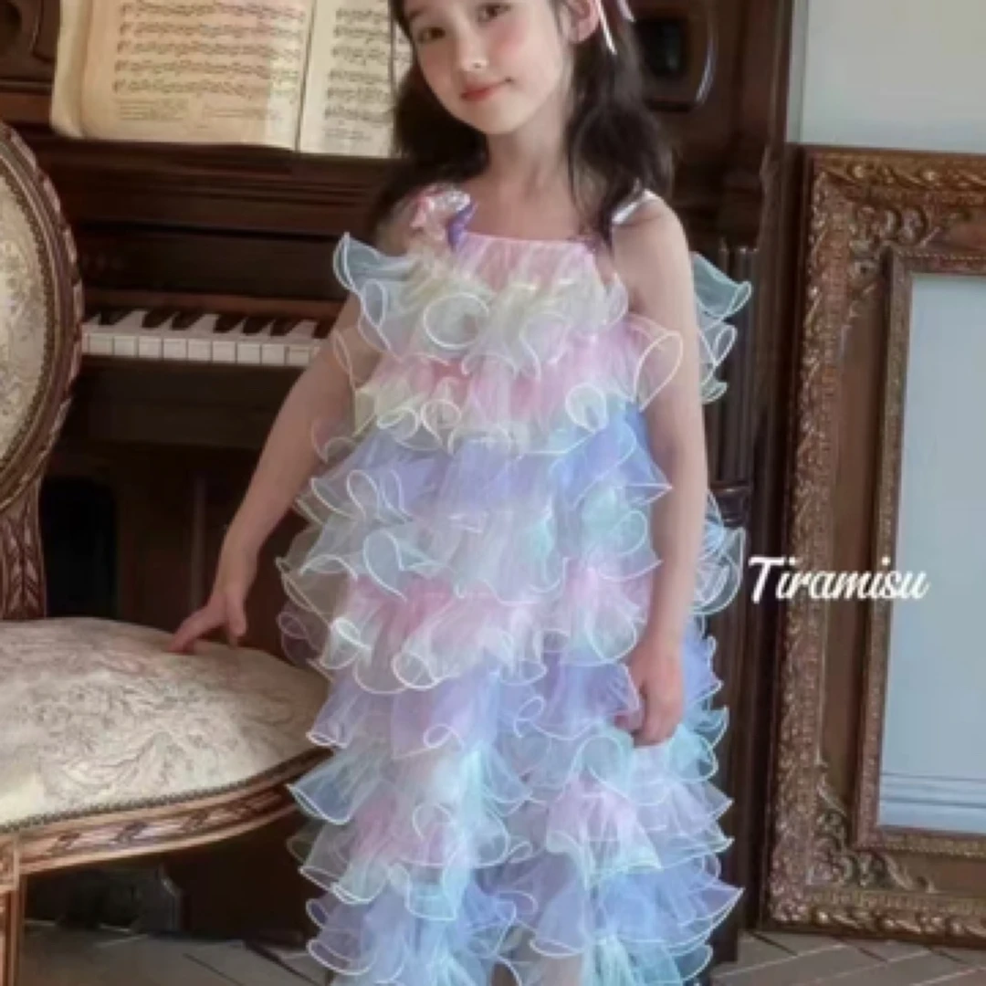 2025女童连衣裙蝴蝶薄纱拼色公主裙礼服裙女孩生日礼服中童仙子裙