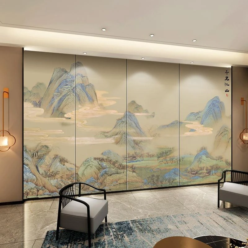 现代中式千里江山水墙板背景墙定制客厅卧室沙发碳晶板竹木纤维墙