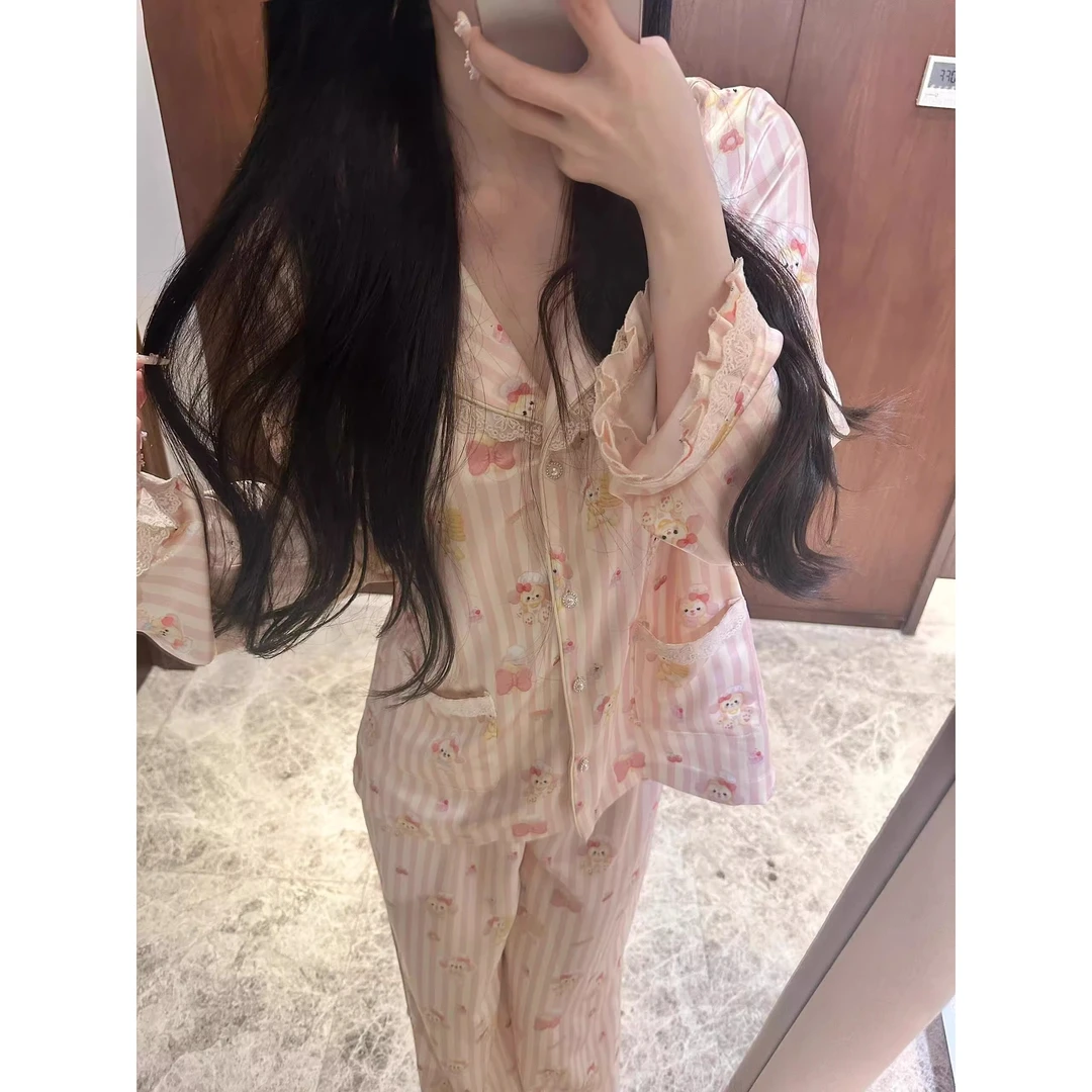 甜美少女卡通印花冰丝睡衣女夏季薄款亲肤花边长袖长裤居家服套装