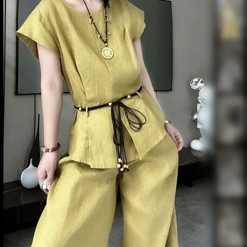 2025年夏季新款韩版时尚减龄圆领短袖T恤+高腰显瘦阔腿裤两件套女