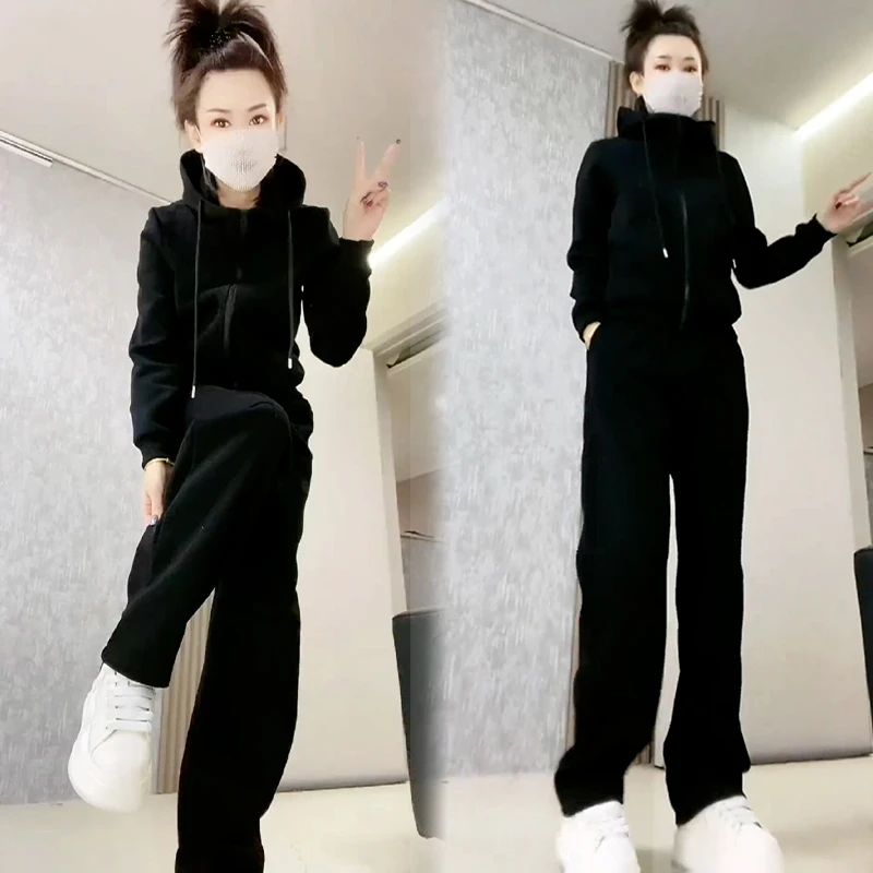 高含棉时尚运动服套装女2025年春秋时尚减龄连帽卫衣阔腿裤两件套