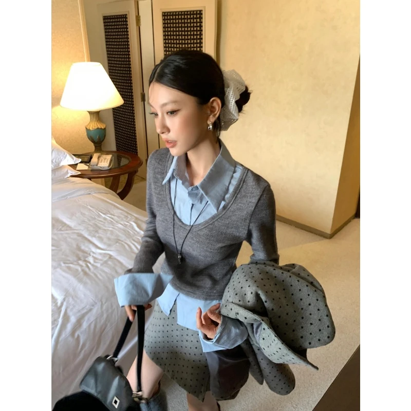 假两件长袖针织衫T恤女秋冬小众设计感polo领修身上衣波点半身裙