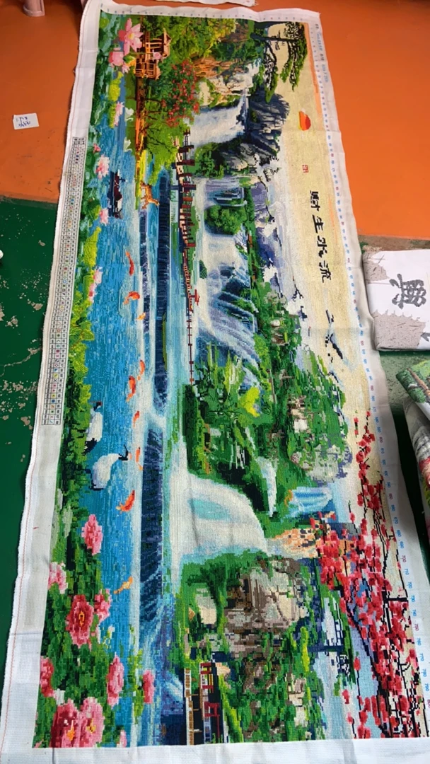纯手工十字绣成品新版山水大画流水生财2.4米满绣客厅挂画
