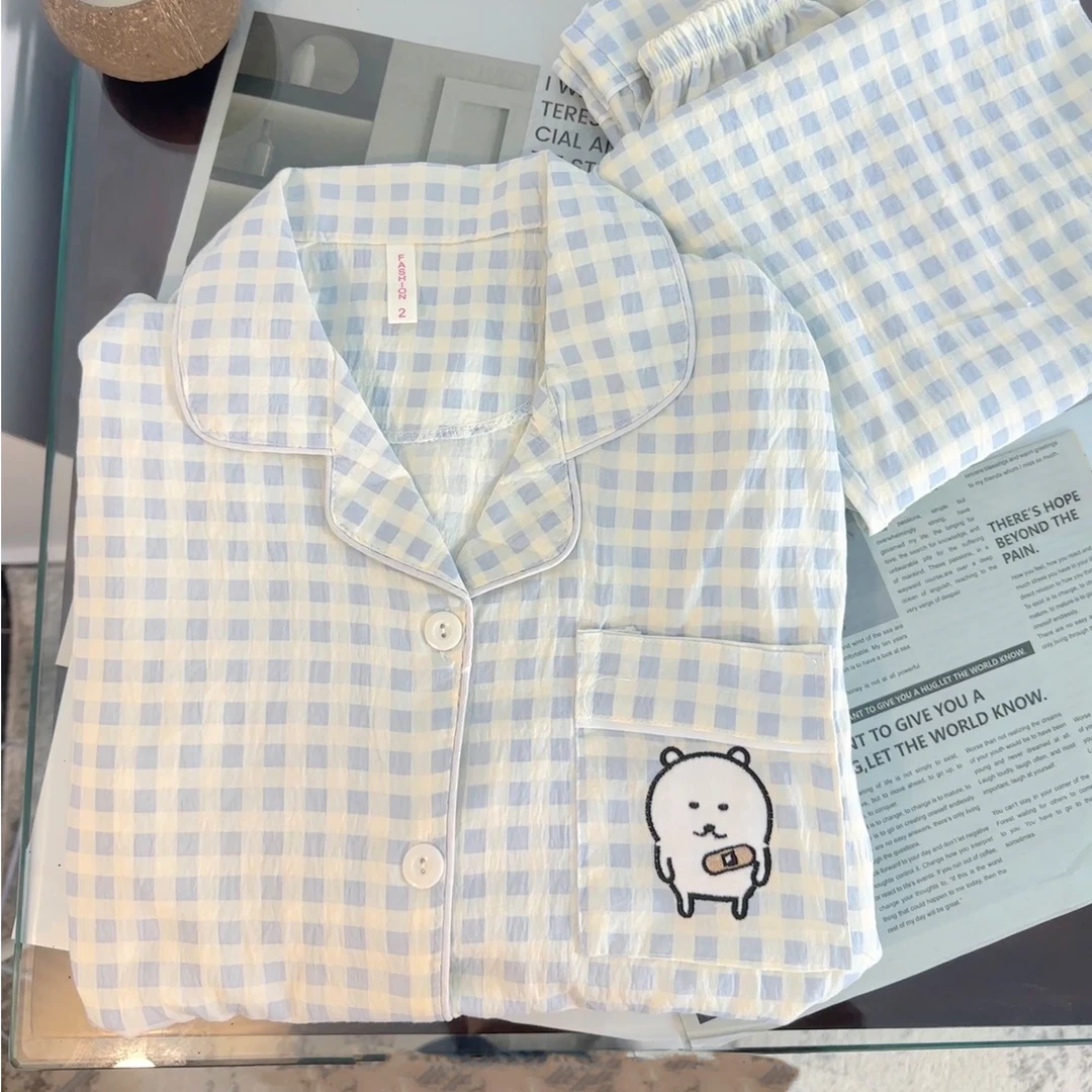 日系ins灰蓝格睡衣女卡通可爱自嘲熊长袖长裤两件套云朵棉家居服