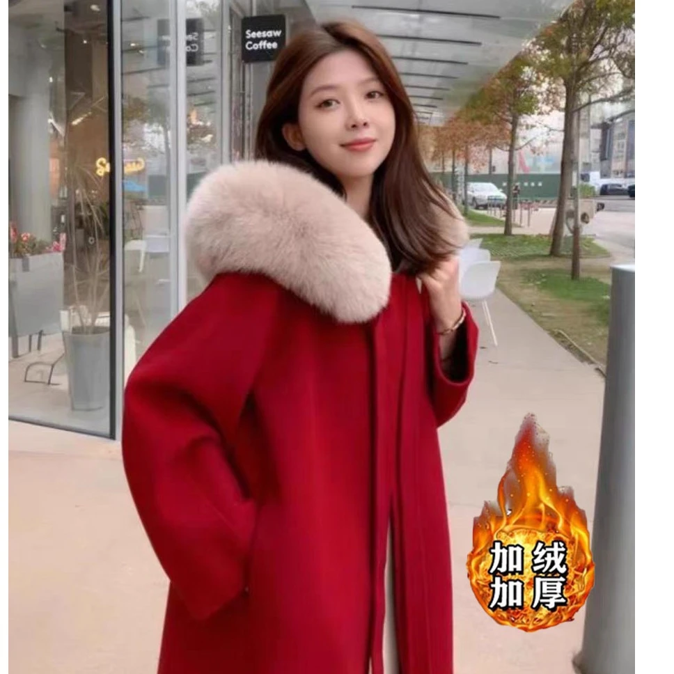 【清仓】大码毛呢外套女加厚连帽红色长款呢子大衣2024冬季新款1680