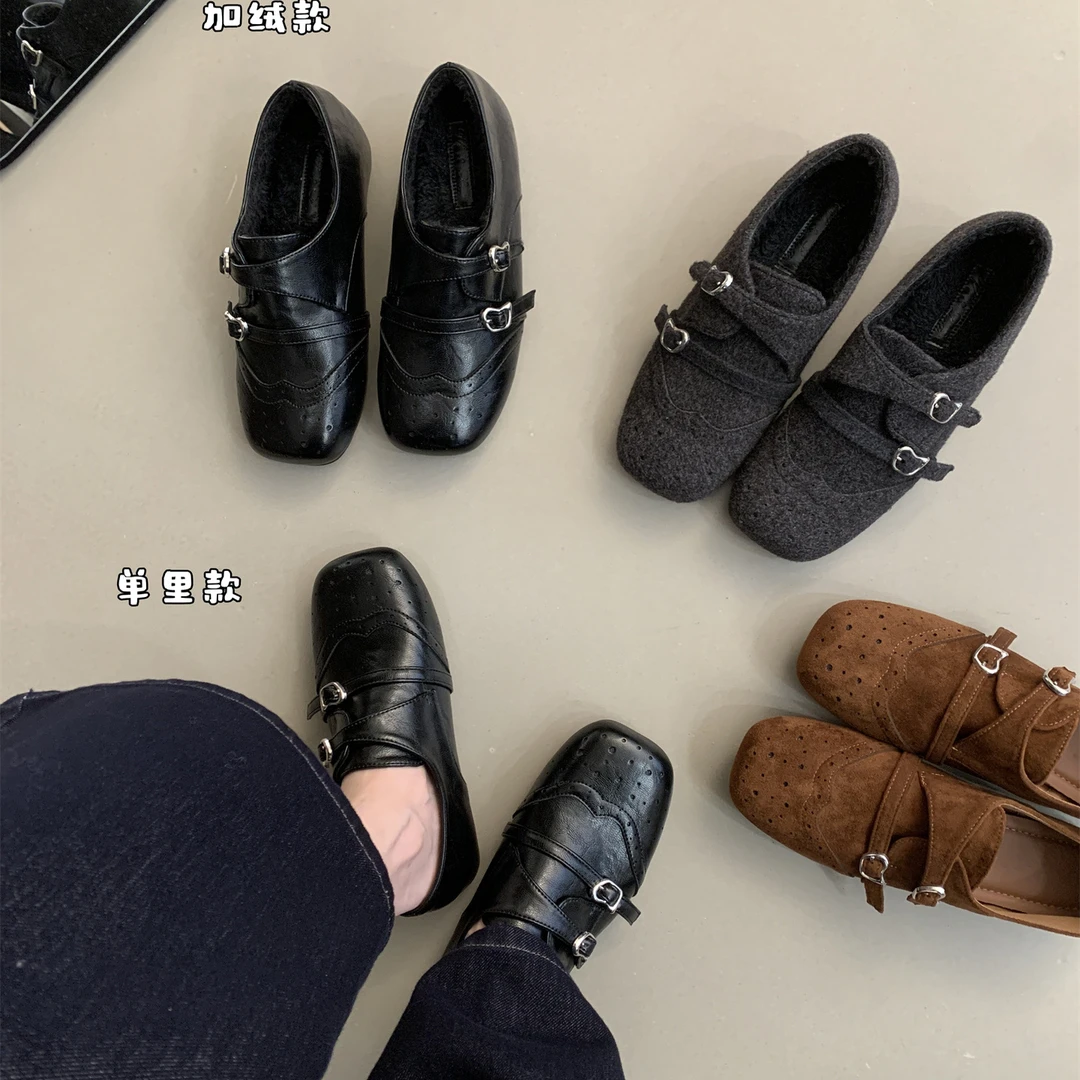 内增高~复古雕花方头乐福鞋女鞋子秋冬新款英伦风单鞋黑色小皮鞋